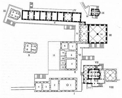 План центральной части Кремлевского дворца в ХVI в, (в уровне второго этажа). Реконструкция с наименованием помещений по документам ХVI-нач. ХVII в.
Черной заливкой выделены сохранившиеся здания.
I. Блок помещений Набережной палаты:
1. Палата набережная большая; Большая изба (?); 2. Палата набережная передняя; Палата набережная средняя; Ответная палата; 3. Палата набережная малая (меньшая); 4. Комната; Палата, где бояре судят
II. Блок помещений Золотой палаты:
5. Средняя палата; Средняя изба; Золотая палата; 6. Сени Средней палаты; Сени Золотой палаты; Проходные сени; 7. Западная палата; Проходная палата; Малая подписная проходная палата; 8. «Палата постельная посторонь Проходной палаты»; Комната; 9-12. «Палаты где живал Государь и Великий князь Иван Васильевич, что слыл чердак Государыни Настасии Романовны» (?): 9. Передние сени; 10. Передняя палата; 11, 12. Комнаты; 13. Брусяная столовая изба
III. Блок помещений Грановитой палаты:
14. «Палата большая великого князя на площади»; Грановитая палата; 15. Сени Грановитой палаты
IV. Блок Постельных хором
V. Постельное крыльцо; Постельные переходы
VI. Передние переходы; Красное крыльцо
VII. Благовещенский собор с Казенной палатой
VIII. Казенный двор
IX. Церковь Ризположения на митрополичьем дворе
16. Пунктиром условно обозначена граница митрополичьего и великокняжеского дворов Х. Церковь Спаса на Бору
XI. Церковь Рождества Богородицы на Сенях План центральной части Кремлевского дворца в ХVI в, (в уровне второго этажа). Реконструкция с наименованием помещений по документам ХVI-нач. ХVII в.
Черной заливкой выделены сохранившиеся здания.
I. Блок помещений Набережной палаты:
1. Палата набережная большая; Большая изба (?); 2. Палата набережная передняя; Палата набережная средняя; Ответная палата; 3. Палата набережная малая (меньшая); 4. Комната; Палата, где бояре судят
II. Блок помещений Золотой палаты:
5. Средняя палата; Средняя изба; Золотая палата; 6. Сени Средней палаты; Сени Золотой палаты; Проходные сени; 7. Западная палата; Проходная палата; Малая подписная проходная палата; 8. «Палата постельная посторонь Проходной палаты»; Комната; 9-12. «Палаты где живал Государь и Великий князь Иван Васильевич, что слыл чердак Государыни Настасии Романовны» (?): 9. Передние сени; 10. Передняя палата; 11, 12. Комнаты; 13. Брусяная столовая изба
III. Блок помещений Грановитой палаты:
14. «Палата большая великого князя на площади»; Грановитая палата; 15. Сени Грановитой палаты
IV. Блок Постельных хором
V. Постельное крыльцо; Постельные переходы
VI. Передние переходы; Красное крыльцо
VII. Благовещенский собор с Казенной палатой
VIII. Казенный двор
IX. Церковь Ризположения на митрополичьем дворе
16. Пунктиром условно обозначена граница митрополичьего и великокняжеского дворов Х. Церковь Спаса на Бору
XI. Церковь Рождества Богородицы на Сенях