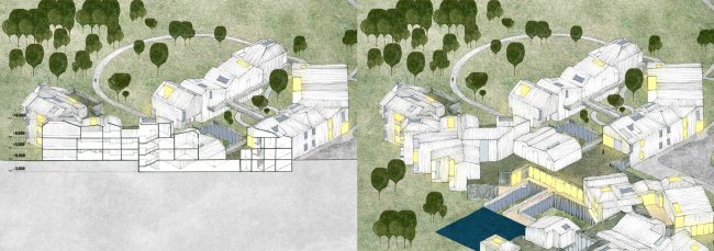 Архитектурная концепция гостиницы вблизи Плещеева озера.  Разрез и общий вид (фрагмент)