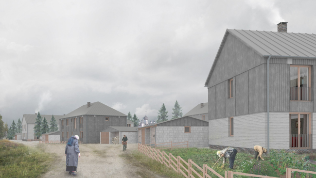 Архитектурная концепция нового жилого фонда поселка Соловецкий. Вид с юго-западного угла участков на монастырь