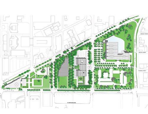 Музей искусств Кимбелла – новый корпус. Ситуационный план. Здание Пьяно – слева © Renzo Piano Building Workshop