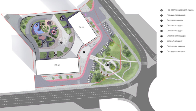 The architectural concept of the multifunctional housing complex. The master plan