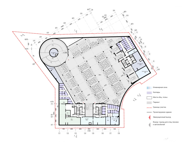 Архитектурная концепция многофункционального жилого комплекса. План -1 этажа