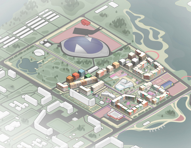 Architectural and urban planning concept of a micro-district in Monchegorsk. Axonometry of the project proposal