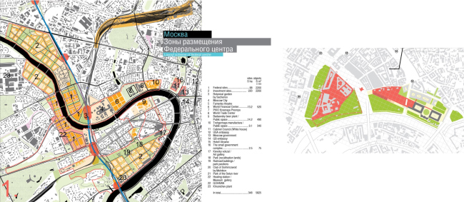 On the left: a proposal for the development of administrative and business functions in the City area; on the right, a proposal for the placement of a federal government agency in Zaryadye. The River and the old town. The concept of the “Big Moscow&#