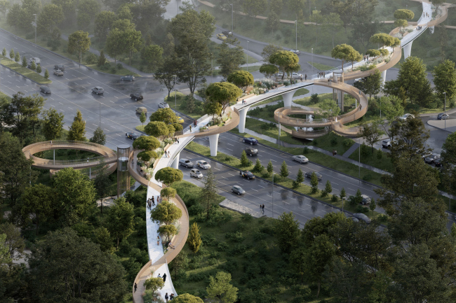 The green pedestrian bridge in Almaty