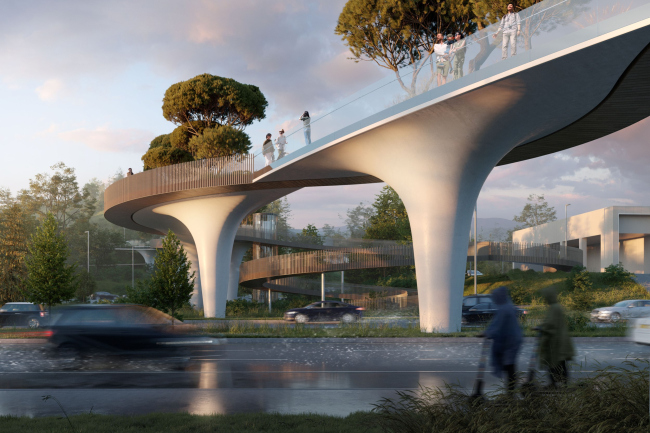 The green pedestrian bridge in Almaty