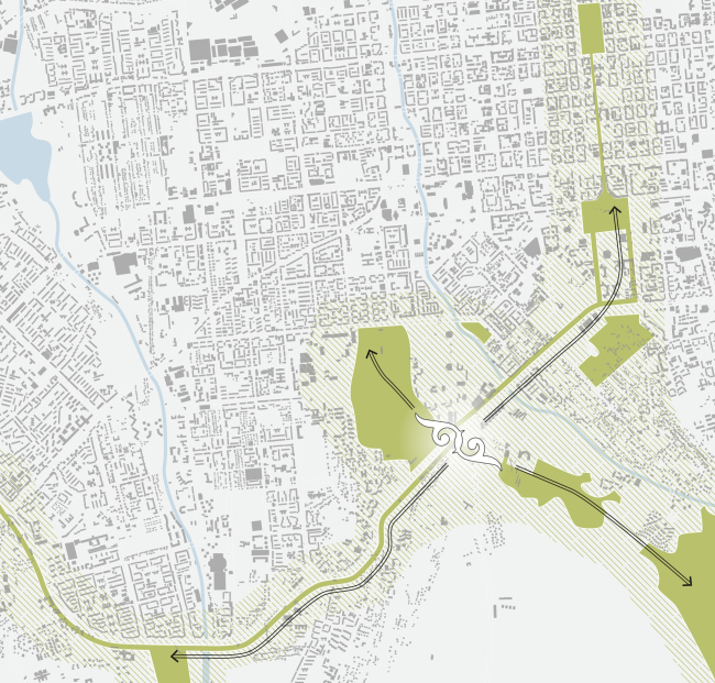 The location plan. The green pedestrian bridge in Almaty