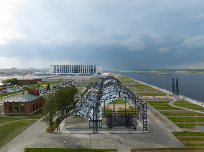 The warehouses of Nizhny Novgorod. View from southeast. In the distance, we can see the arena built for FIFA World Cup 2018. On the right, there are two towers designed by Peter Vinogradov, the modern metallic sculptures inspired by Vladimir Shukhov power