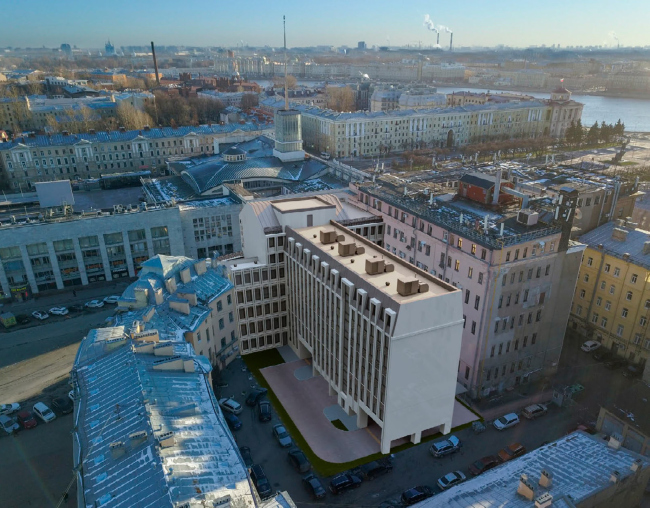 Гостиничный комплекс на площади Ленина. Панорамный вид в створе Финского переулка