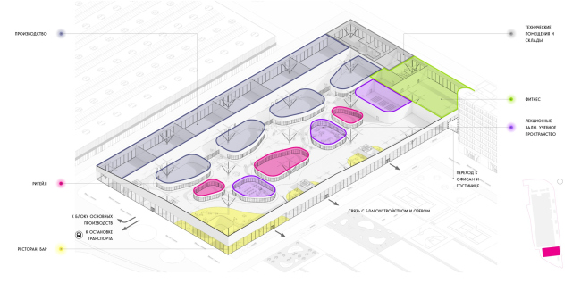 Home Building Factory 500. The business incubator with an expo area, sports and retail core. The spatial organization