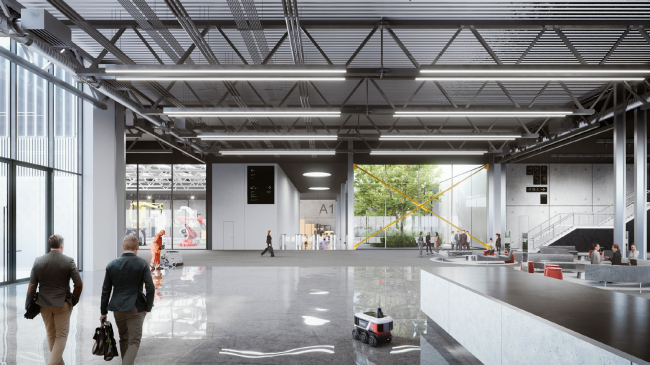 Home Building Factory 500 in Tyumen. The interior of the lobby of the block of the main production facilities