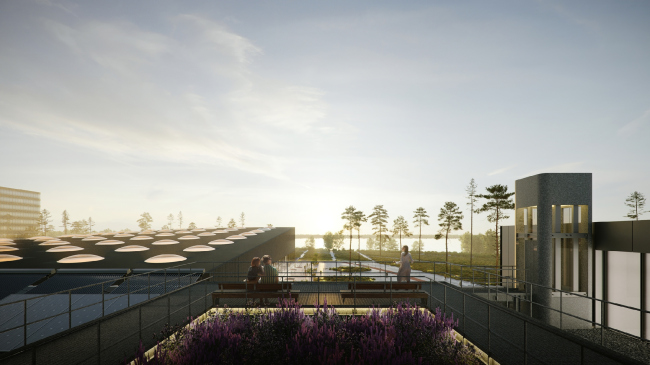 Home Building Factory 500. View from the roof of the block of the main production block in the direction of the lake. The new business incubator is on the left