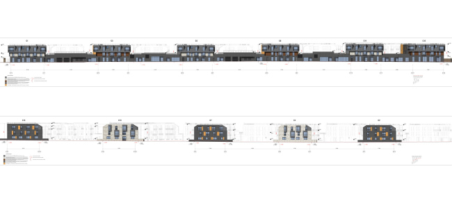 Sweep drawings: at the top  along the outer northern facade, at the bottom  along the southern facade of the inner street. Veren Village housing complex