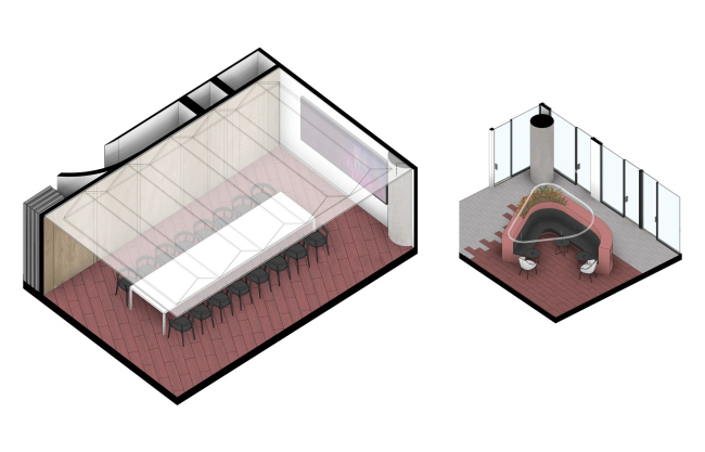 Axonometric view of the large meeting room (left), public zones next to it (right). Action Development headquarters in the business center in the 1st Zemelny Lane