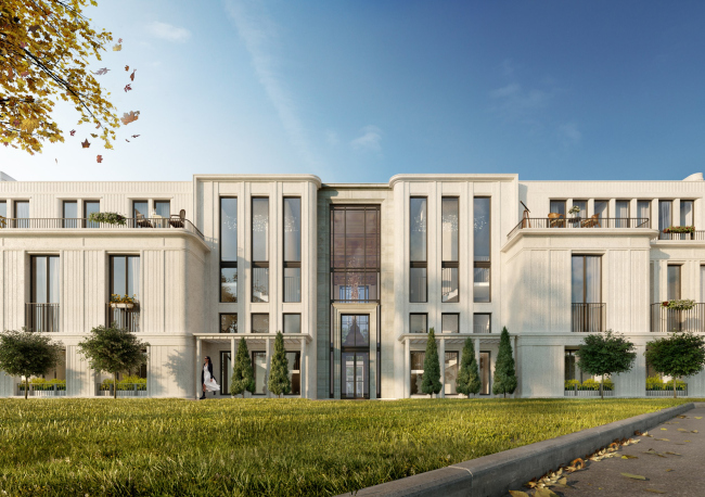 Overview of the entrance group from the northwest side. The housing complex at Akademika Koroleva Street, 3.