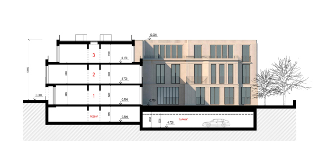 A cross section view. The housing complex at Akademika Koroleva Street, 3.