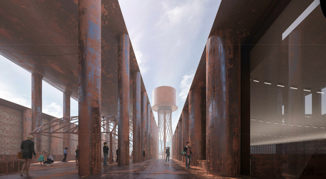 The main axis running from the Mettalurgov Square, the Shukhov Tower ahead. The museum complex “Center of Industrial Progress”, Vyksa, project, 2022