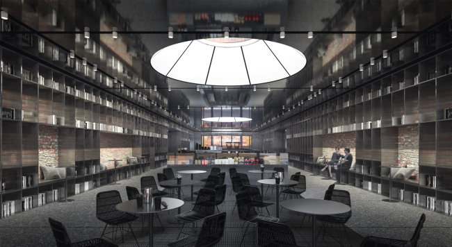 The cafe zone. The central building, teh 1st floor. The skylight in the ceiling. Version 2. The museum complex Center of Industrial Progress, Vyksa, project, 2022