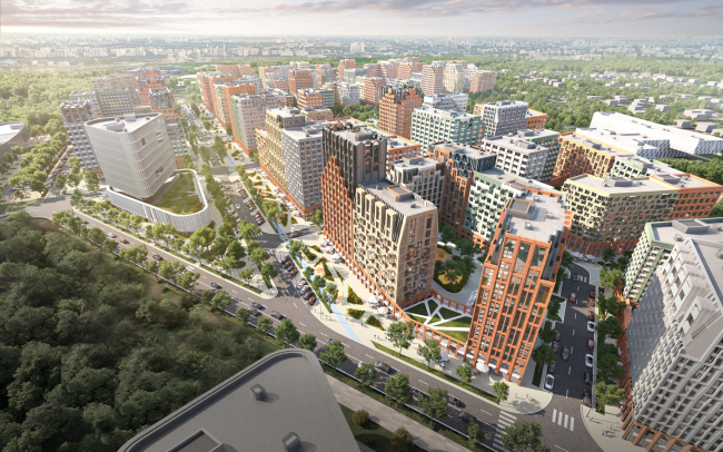 The residential area in Kaliningrad. An overview of the pedestrian promenade