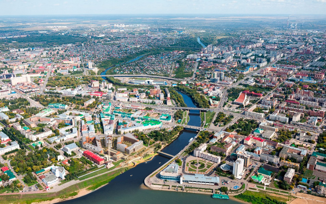 Birds-eye view from the west. The multifunctional complex in Omsk
