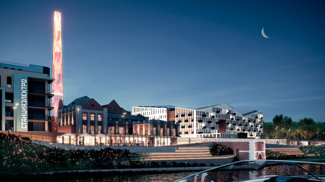 Evening view from the southwest, from the riverside. The multifunctional complex in Omsk