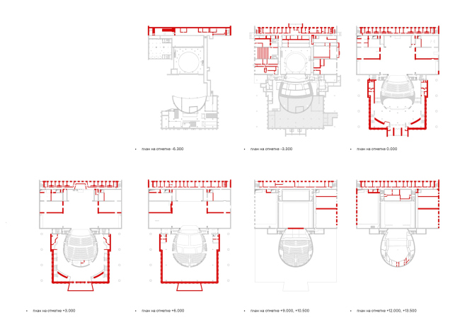 Diagram of structures to be dismantled. Gray = retained, red = dismantled. The concept of reconstruction of the D.A. Khvorostovsky Krasnoyarsk State Opera and Ballet Theater. Scheme of structures to be dismantled.