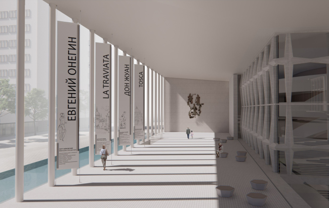 The Muses sculpture is moved from the facade to the side ends of the gallery. Concept of reconstruction of the Krasnoyarsk State Opera and Ballet Theater named after D.A. Khvorostovsky