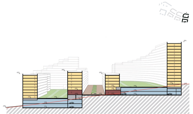 Novaya Zarya housing complex. Axonometric section by blocks 1-8