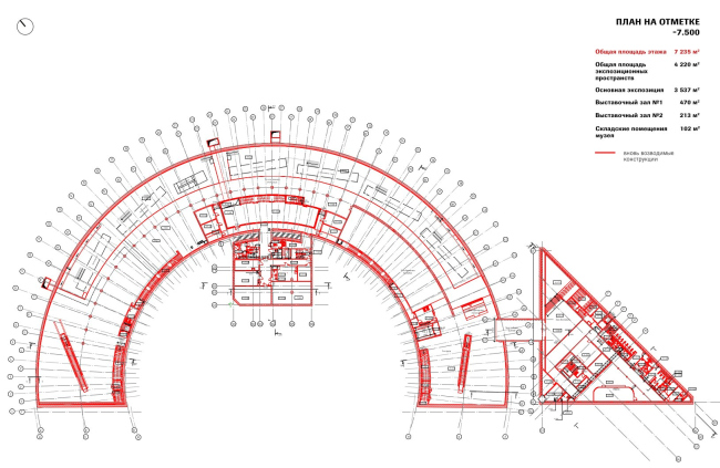 Минус первый этаж, на отметке -7.5 м. Музей транспорта Москвы, эскизная концепция, 2023. Красным – новое строительство