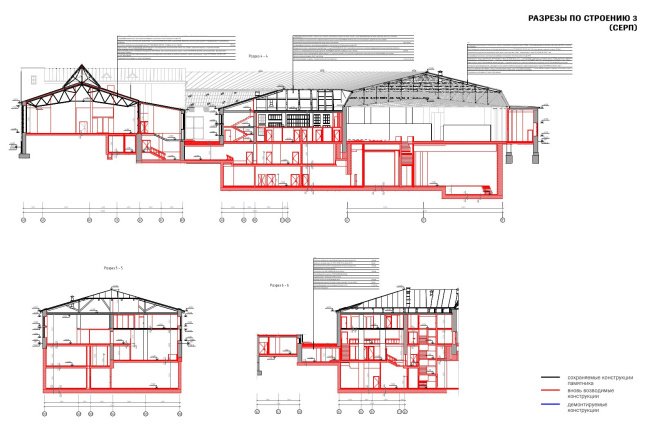 Section view. new structures are marked in red. Moscow Transportation Museum, conceptual design, 2020-2023 