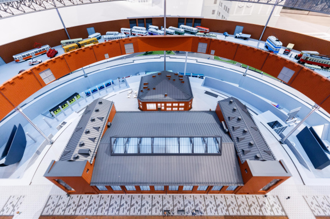 A model. View of the media center in the building of former machine shops. Moscow Transportation Museum, conceptual design, 2020-2023