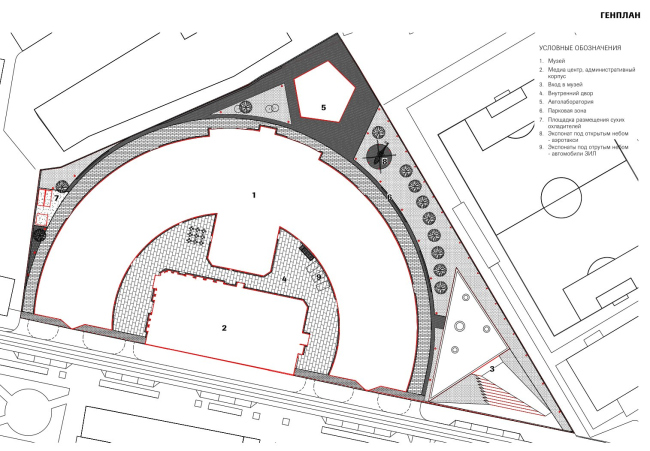 General Plan. At the top, there is a pentagon of workshops, to the right an entrance triangle and a park. In the center, there is the acr of the pedestrian stree. Moscow Transportation Museum, conceptual design, 2020-2023