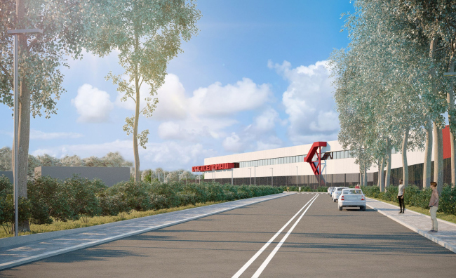 Reconstruction of the Rostselmash plant. Variant 1 � view of the corner of Building B, staircase version 1