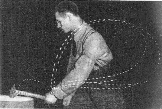 This is what an optimal hammer swing looks like according to Aleksey Gastev. Cyclogram of chiseling with a chisel. Alexei Gastev in the pedagogical laboratory of the Central Institute of Labor. From the book: “Labor Attitudes”, Moscow, CIT, 1924
