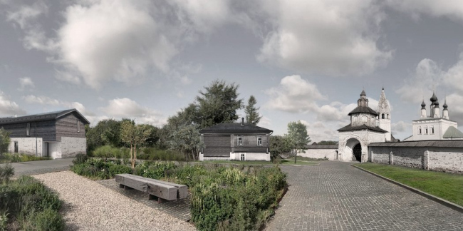 Insertion into the panorama of the square in front of the gate of the Alexander Monastery. The Gastev Museum is on the left.