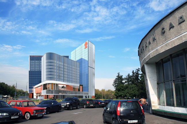 Project, 3D render, view from the metro station. Park Huaming business center on Wilhelm Pieck Street in Moscow