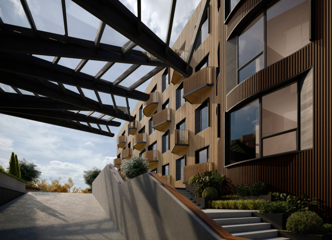 The housing complex on Kalinina Street. View towards the east courtyard from the stairs and ramp