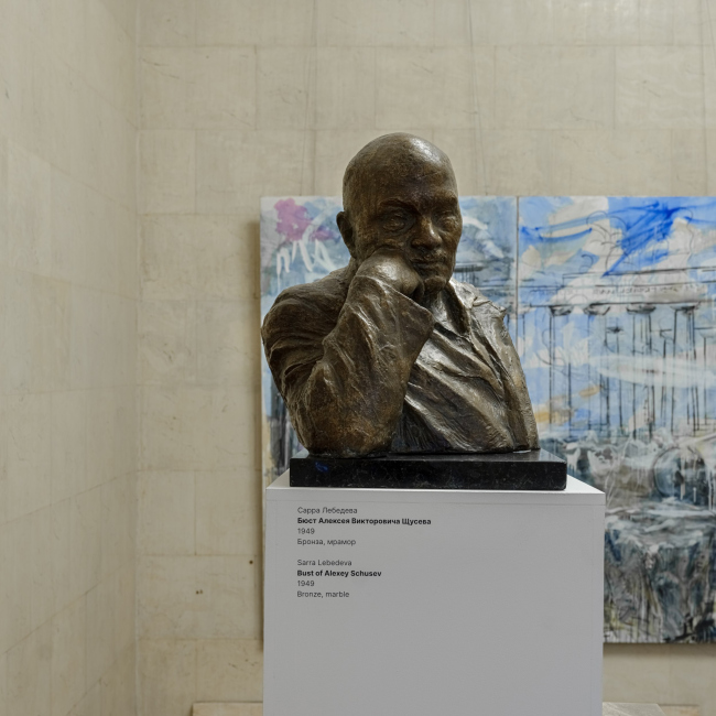 Shchusev′s posthumous portrait, which stood in the corner on the stairs, was moved, now it is in front of the entrance to the Enfilade. Exhibition "Alexey Shchusev. 150". Museum of Architecture, 01.10.2023-21.01.2024