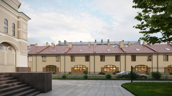 View from Starorusskaya Street, Shestokovskaya Church on the left. Eugenevskaya Residential Complex on the territory of Mytny Dvor