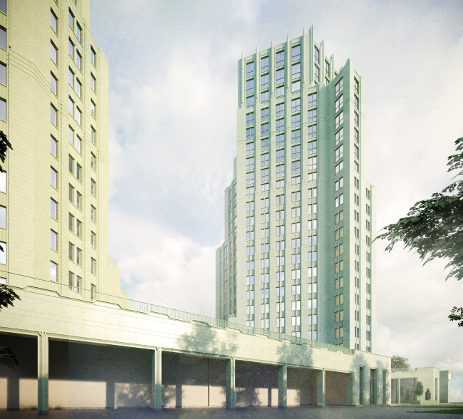 View from the northeast side to the northern facade of the western plot development. Residential Complex on Orenburgsky Tract, Kazan. Architectural concept