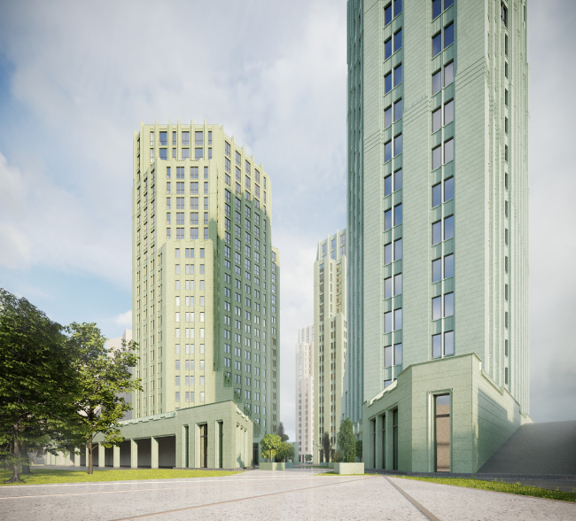 View from the north-west side of the pedestrian promenade of the western section. Residential Complex on Orenburgsky Tract, Kazan. Architectural concept