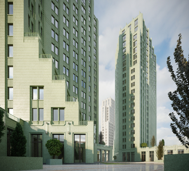 View of building 1.2 and 1.3 and the pedestrian promenade space of the western section from the north-western side. Residential Complex on Orenburgsky Tract, Kazan. Architectural concept