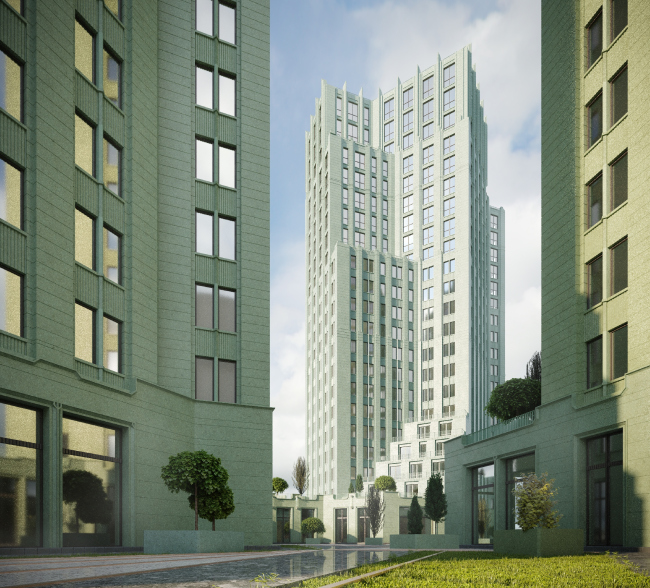 View of building 1.1 and the pedestrian promenade space of the western site from the southeast side. Residential Complex on Orenburgsky Tract, Kazan. Architectural concept