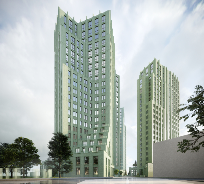 Visualization, view from the south-eastern side of the pedestrian promenade of the western section. Residential Complex on Orenburgsky Tract, Kazan. Architectural concept