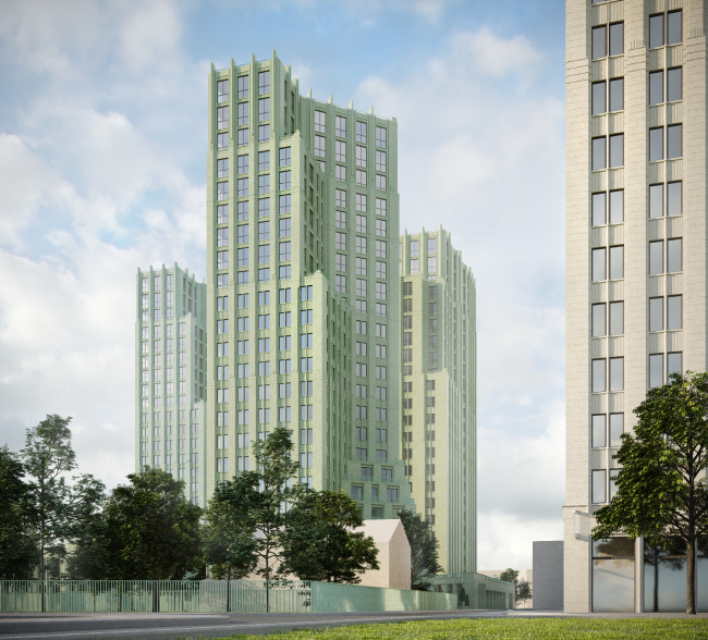 General view of the development of the western site from the southeast side. Residential Complex on Orenburgsky Tract, Kazan. Architectural concept