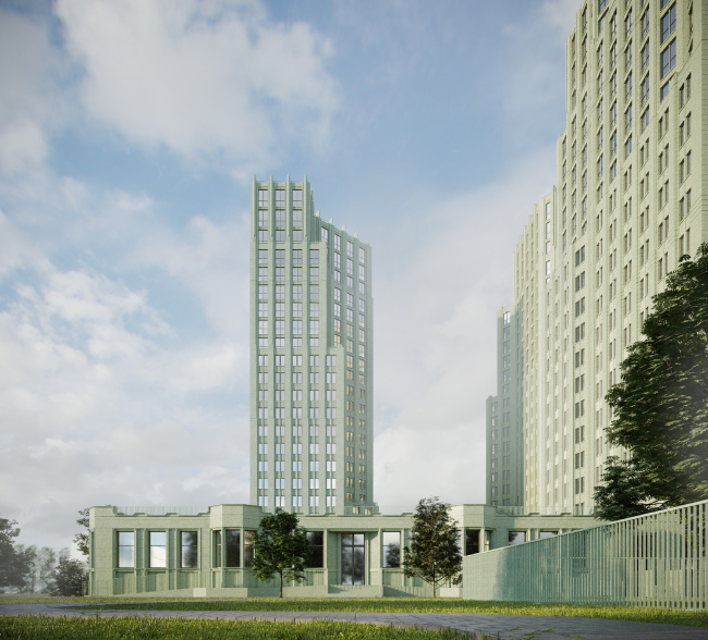 View from the south side of the western plot, the built-in kindergarten. Residential Complex on Orenburgsky Tract, Kazan. Architectural concept