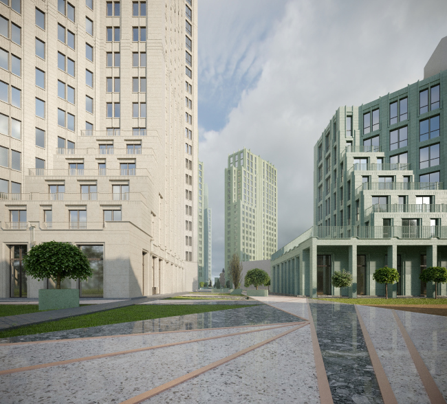 View from the southeast side of the pedestrian promenade of the western site from the territory of the eastern site. Residential Complex on Orenburgsky Tract, Kazan. Architectural concept