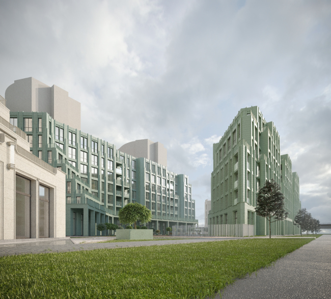 General view of the building 2.2, 2.3 and the yard of the eastern site from the south-western side. Residential Complex on Orenburgsky Tract, Kazan. Architectural concept