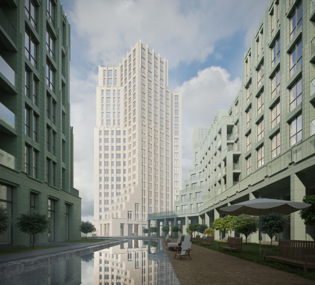 General view of the courtyard space of the eastern plot from the eastern side. Residential Complex on Orenburgsky Tract, Kazan. Architectural concept