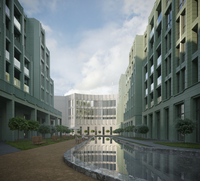 View of the courtyard space of the eastern plot from the west side. Residential Complex on Orenburgsky Tract, Kazan. Architectural concept